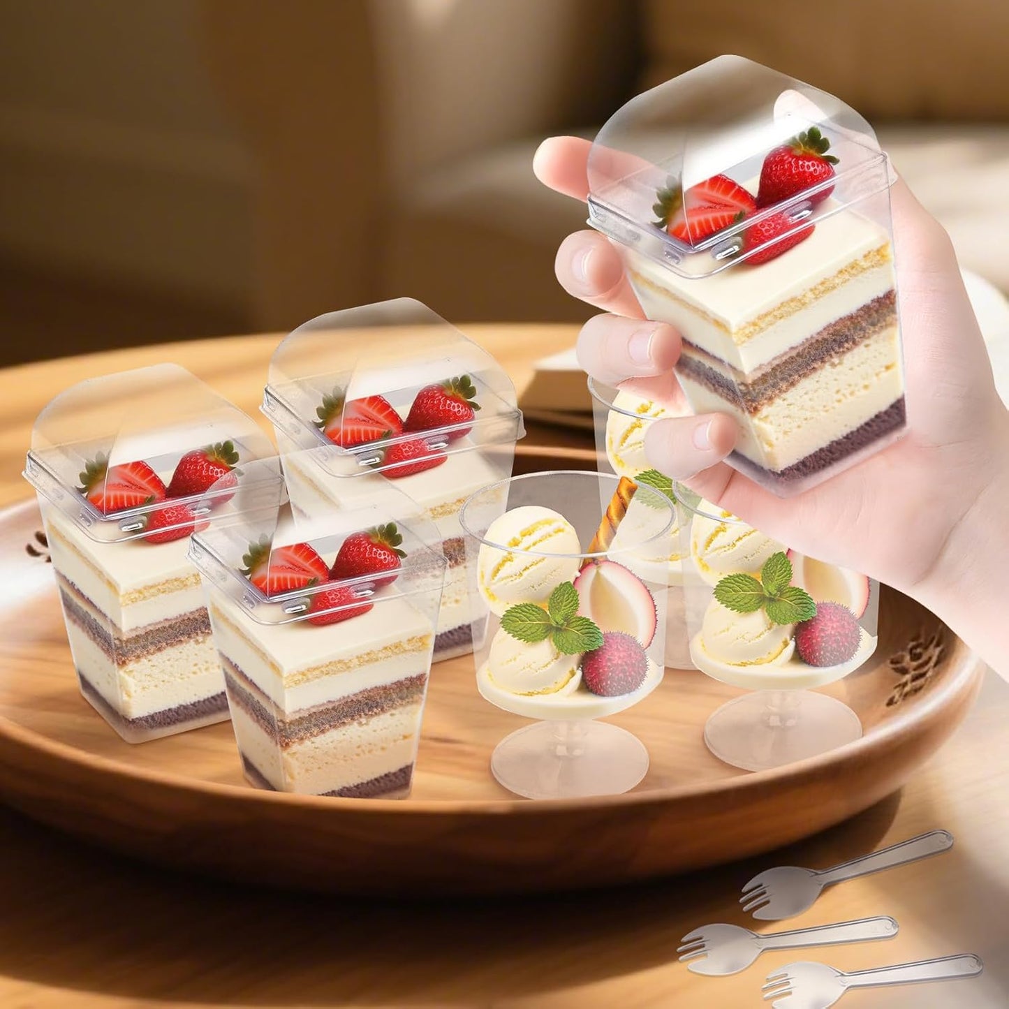 Round+Square Plastic Dessert Cups with Spoons