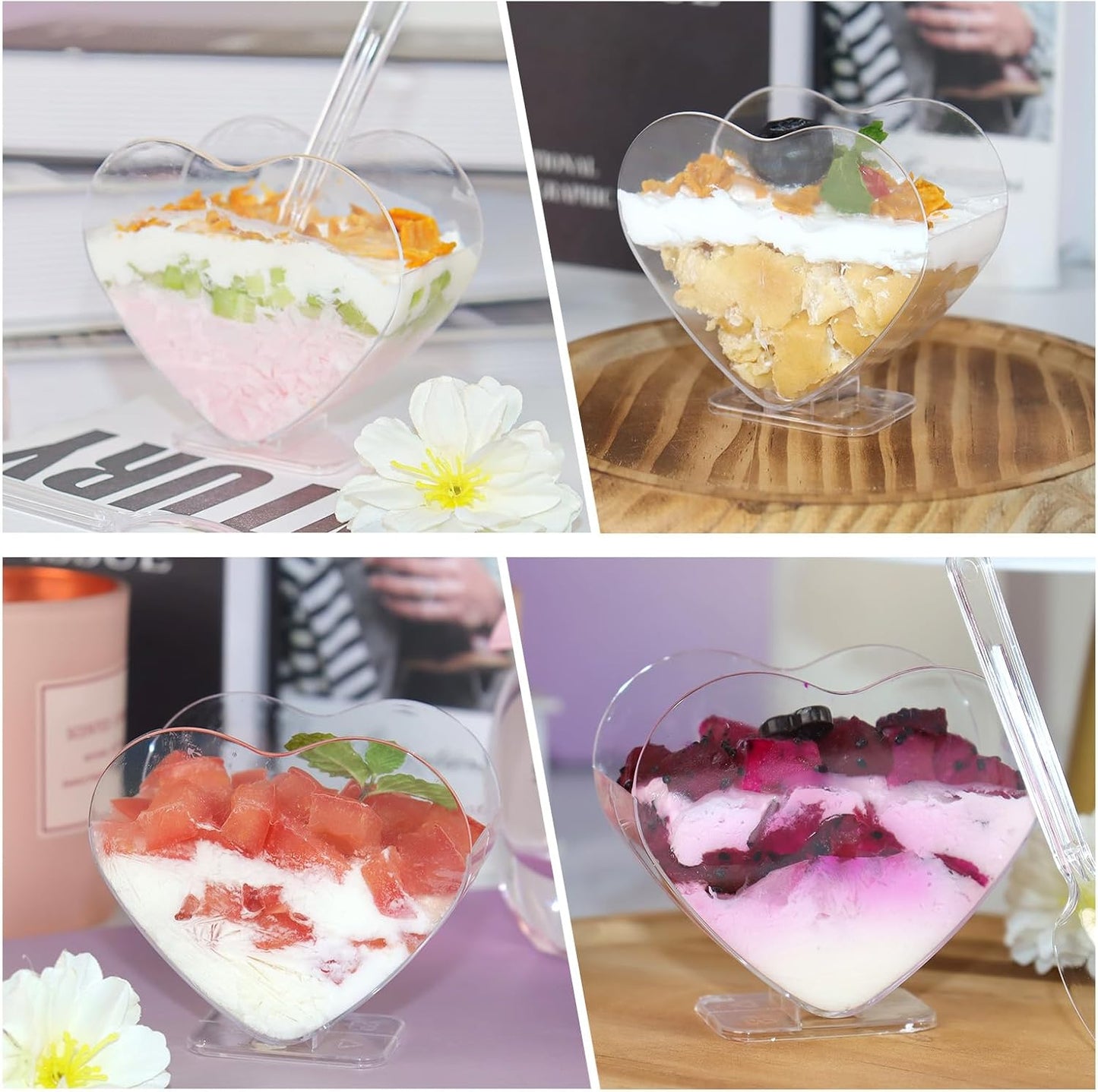 Heart-shaped Plastic Dessert Cups with Spoons