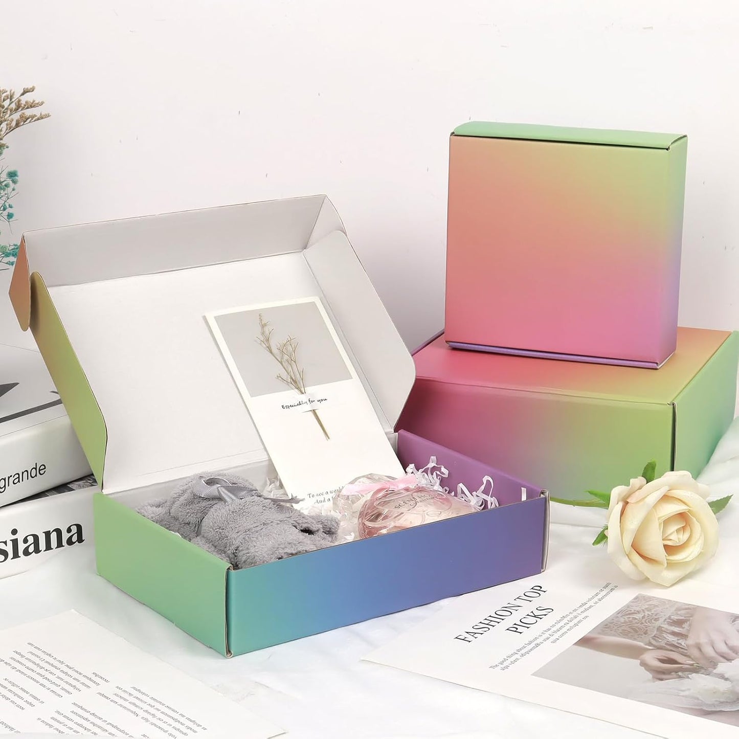 Rainbow colored mailer boxes