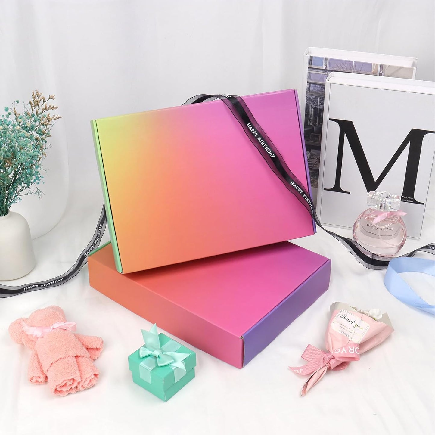 Rainbow colored mailer boxes