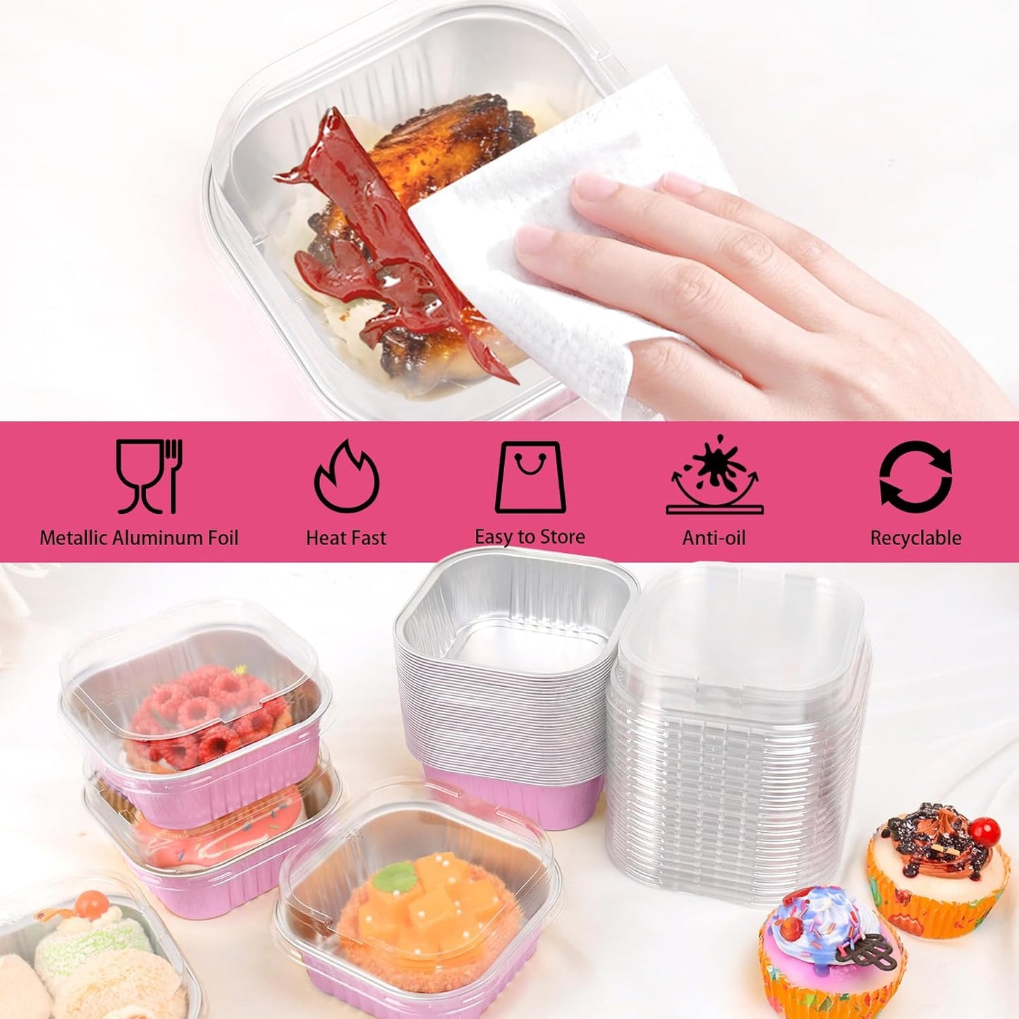 Aluminium Foil Pink Cake Pans with Lids and Spoons